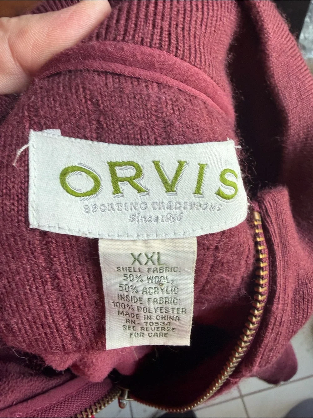 Orvis Burgundy Wool Blend Half-Zip Sweater w/ Leather patches Size XXL
